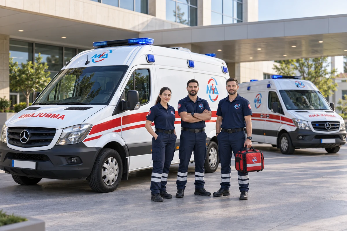 Illustratives Bild des Fuhrparks und des medizinischen Teams von Mia Ambulans